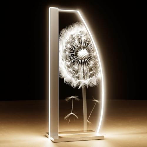 Luverre Tischlampe | LED-Leuchte | Glas-Leuchte mit Gravur für Nachttisch, Kommode, Wohnzimmer | Blume, Pflanze, Gräser (Pusteblume, Segel | silber)