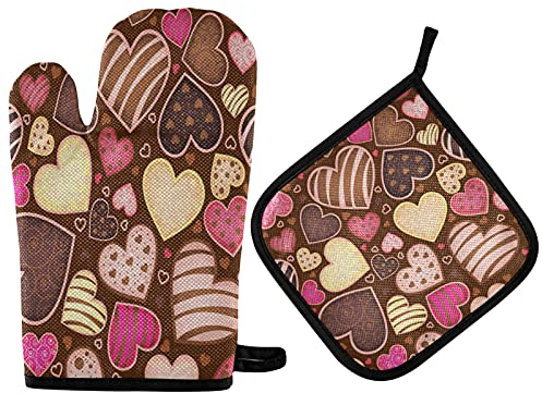 Ufuson Ofenhandschuhe und Topflappen, Schokoladenherz, Valenitnes Muttertags-Kochhandschuhe, Küchenuntersetzer, 2-teiliges Set, rutschfeste, hitzebeständige Unterlage zum Backen, Grillen,