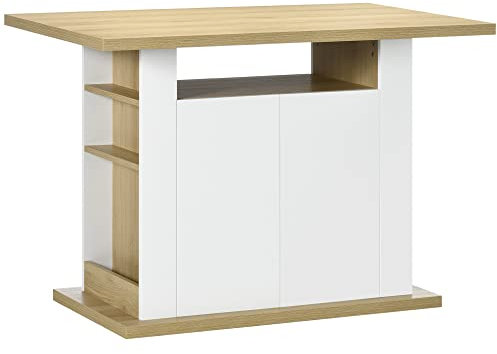 HOMCOM Isola per Cucina 4-6 Persone, Credenza Cucina con Armadietti a 2 Ante e Ripiani Aperti, 110x70x75.5 cm, Bianco e color Legno