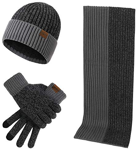 GEEKEO 3-in-1 Winter Set für Herren Damen - Stricken Wintermütze Beanie, Schal und Touchscreen Handschuhe - Thermo Geschenkset