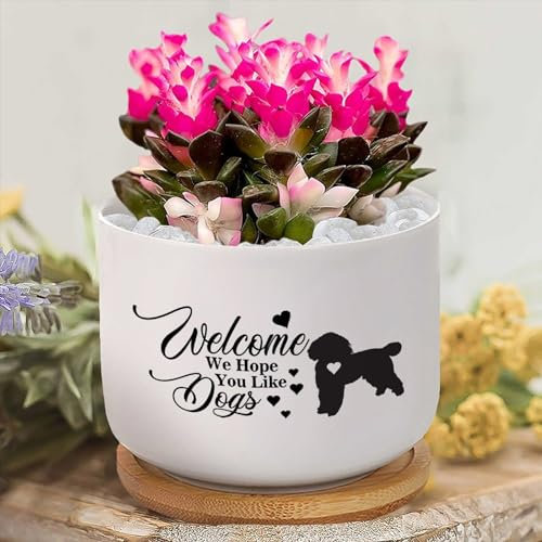 Yelolyio Pots de fleurs personnalisés en céramique « Welcome We Hope You Like Dog » - Petit pot de fleurs en céramique - Cadeau pour les amoureux des chiens - Pots de fleurs pour plantes d'intérieur