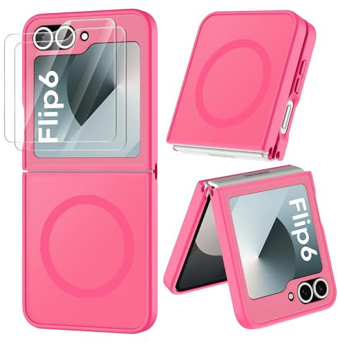 ORETECH Magnetica Opaca Cover per Samsung Galaxy Z Flip 7 FE, Cover per Samsung Z Flip 6[2 x Pellicola Protettiva in Vetro Temperato] [Compatibile con Mag-Safe] Antiurto Cellulare Custodia-Rosa Caldo