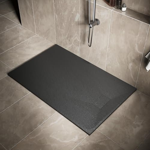 SIRHONA Receveur de Douche, 140 x 90 cm Bac à Douche Antidérapant, Rectangle Noir, Matériau en Résine SMC, avec siphon