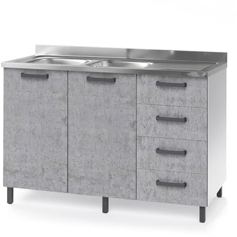 REDÒKASA Sotto lavello per cucina componibile da 120 cm con due ante e 4 cassetti, realizzata in legno 100% MADE IN ITALY (Con Lavello Vasche a Sinistra, Cemento)