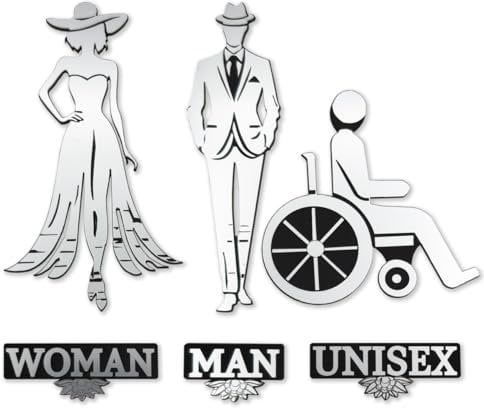 Targa WC in Laminato Plastico Argento - Decorazioni Eleganti per Bagni Pubblici e Privati - Uomo, Donna, Disabili, Unisex - Adesivi per Porte e Muri Interni o Esterni