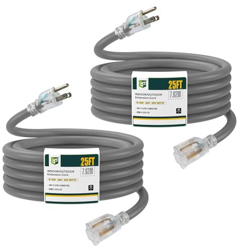 EP 2 Pack 6 Meters 12/3 SJTW Outdoor Extension Cable, Heavy Duty Grey Extension Cord with 3 Pin Ground Plug, Power Cord for Lawn