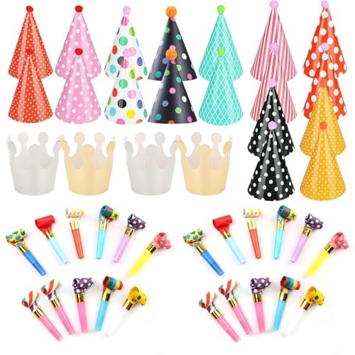 44 Stücke Partyhüte und Party Gebläse Set, Silvester Party Hüte Lufttröte Pfeife Geburtstagshut Partyhüte Kinder Partyhütchen Geburtstag Party Supplies für Kindergeburtstag Festival Baby Shower