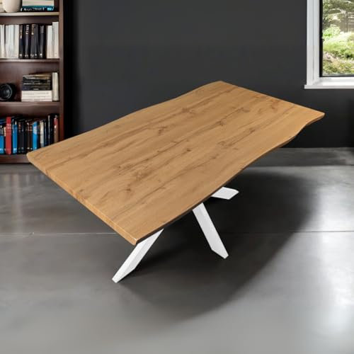 Esstisch 160x85 cm Holz 40mm Eiche-Optik, Spider Gestell weiß, Baumkantentisch aus Holz, Casa Massiva