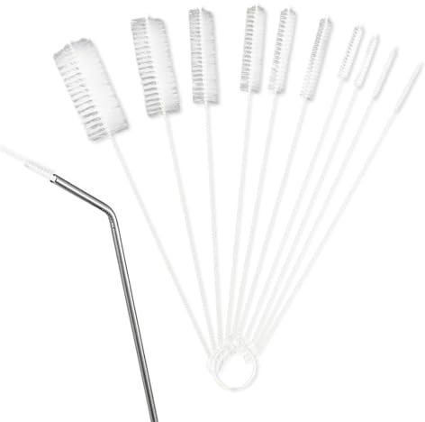 Set de 10 Goupillons en Nylon pour Nettoyage de Pailles et Tubes - Brosses de Nettoyage Multifonctions avec Poils Durables et Crochet de Rangement - Idéal pour Bouteilles Réutilisables et Accessoires