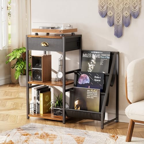 Treesunshine Supporto per giradischi a 3 ripiani, stile vintage, con cassetto, supporto per dischi in vinile, con 3 livelli, 86 x 30 x 75 cm