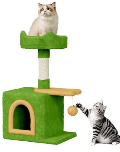 Dogat 28 inch Small Cat Tree, Multi-Level Stable Cat Tower with Sisal Scratching Posts, Dangling Ball Toy, Cozy Condo & Perch, Indoor Cat Furniture for Playing, Climbing and Relaxation, Green