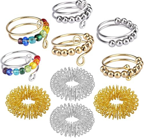 VIKY 6 Stück Verstellbare Anti Stress Ring, 4 Akupressur Ring, Offene Spinner Damen Skill Ringe, Anxiety Rings, Akupressur Ringe für Mädchen und Frauen Stress Relief Ängstlichkeit
