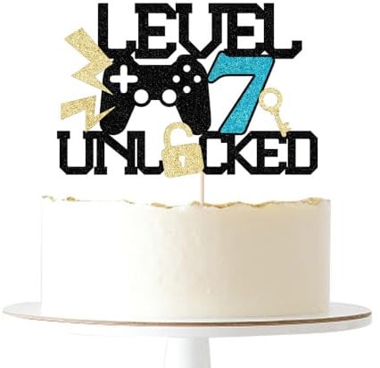 Level 7th Unlocked Cake Topper, Boy Girl 7th Birthday Party Cake Topper, for Video Game Controller Themed/Unlocked Level Up Birthday Party Decoration Supplies (7)