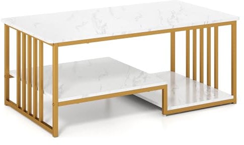 COSTWAY Faux Marble Coffee Table, Rectangular 2-Tier Cocktail Center Table with Open Storage Shelf, Modern Accent Sofa Side Snack Tea Tables for Living Room Office, 110 x 60 x 45cm (White+Gold)