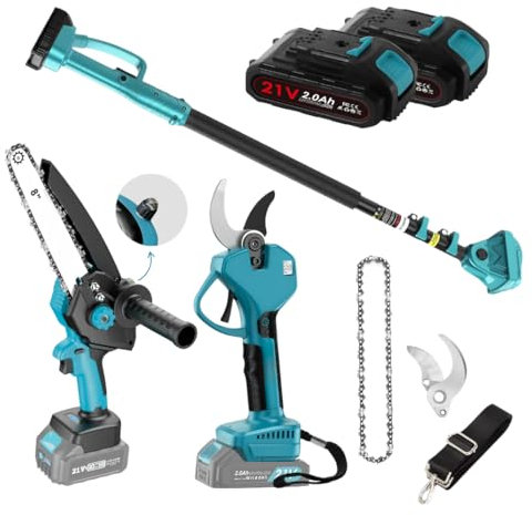 Tijeras de Podar Electricas 40mm + Motosierra bateria + Pértiga Telescópica 4,5 m + 2 Baterías 21 V | Lubricación Automática | Kit de poda jardineria