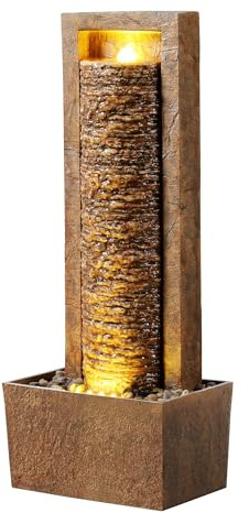 Teamson Home Fontana da giardino moderna con luce LED effetto rocce stratificate in poliresina marrone compatta per patio o angoli esterni