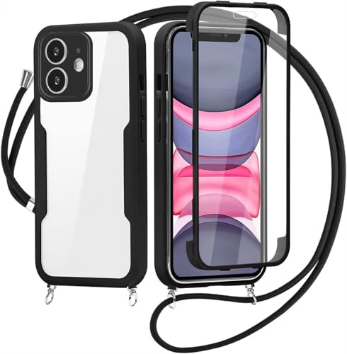 Beajew Handyhülle für iPhone 11 Hülle mit Band, 360 Grad Stoßfest Schutzhülle mit Eingebautem Displayschutz Necklace mit Abnehmbar Kordel zum Umhängen Transluzente Schutzhülle - Schwarz