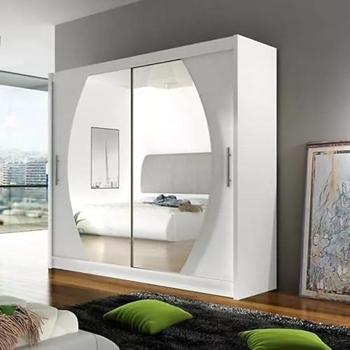 Agritrade AK BEGA IV 180 Wardrobe 180 cm Sliding Doors with Mirror Hanging Rail Shelves Modern Bedroom Storage White