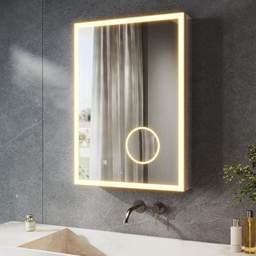 SONNI LED Spiegelschrank Bad 70x50 cm mit Steckdose & 3X Vergrößerung | Für Einbau & Aufbau. Touch, 3 Lichtfarben dimmbar, Anti-Beschlag. Aluminium, IP44. Perfekt für die Badrenovierung