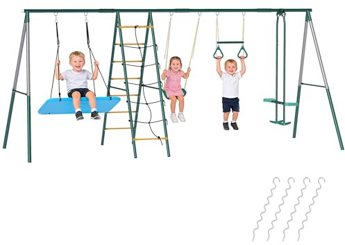 AIYAPLAY Schaukelgestell bis 350 kg 5-in-1 Kinderschaukel mit verstellbarer Nestschaukel, Turnringe, Doppelsitzer, Klettergerüst, Outdoor Schaukelgerüst mit Metallgestell, für 3-8 Jahre 440x175x203 cm