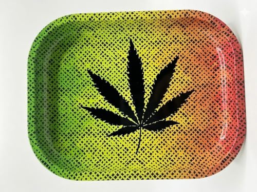 Glamified Metal Rolling Tray for Smoking & Tobacco - (Rasta Grid Leaf) Design, Portable Herb Accessories Tray with Curved Edges, Easy to Clean Rolling Station for Papers, Filters & Supplies
