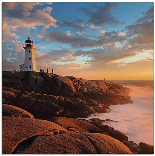 ARTland Wanddeko Glasbilder Wandbild Glas Bild einteilig Quadratisch Strand Meer Leuchtturm Schottland Peggy Bucht Sonnenuntergang Natur S5XW