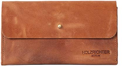 HOLZRICHTER Berlin – Mittelgroße Damen Geldbörse aus Leder (No 4-1), Vintage, 11x19x1,5cm, Edles Portemonnaie mit 6 Kartenfächern, Außen- und Münzfach, Knopfverschluss, Geldbeutel in Camel
