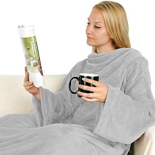 Bestlivings Kuscheldecke mit Ärmel 130 x 180 cm und 68 cm Ärmellänge in Grau für Kinder und Erwachsene, TV-Decke