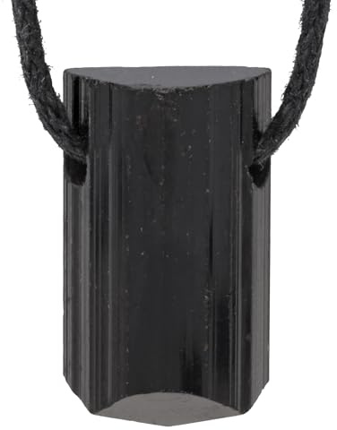 Schwarzer Turmalin Schörl Rohstein Anhänger Kette Edelstein Heilstein | Inkl. Baumwollband & Edelsteinkarte | Naturbelassen & gebohrt | Ideal als Geschenk