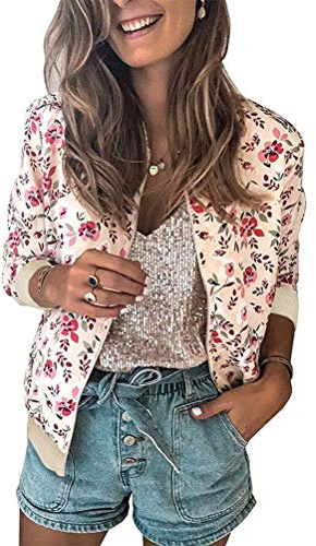 Minetom Damen Jacke Blumenmuster Langarm Bomberjacke Reißverschluss Outwear Kurz Mantel Herbst Frühling Leicht Jacke