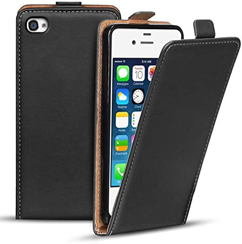 Verco Flip Cover für iPhone 4 4S Case, Flipstyle Schutzhülle für Apple iPhone 4 / 4S Hülle Kunstleder Tasche vertikal klappbare Handyhülle, Schwarz