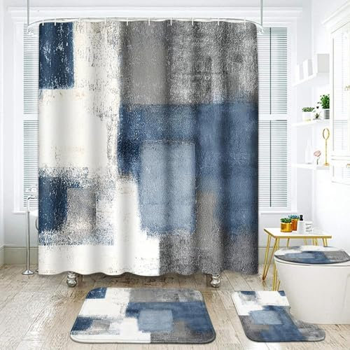 ArtSocket Navy Blue Grey Abstract Bathroom Set with Shower Curtain and Rugs Accessories, Painting Gray Vintage Retro Abstract Shower Curtain for Bathroom Decor 4 Pcs