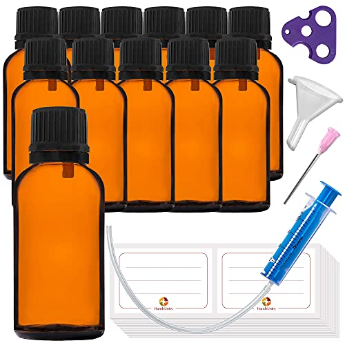 HandsUnity 30ml-12 Piezas de Botella -Pequeña Botella de Boticario de Vidrio Ámbar con Tapón Gotero Vidrio Marrón Negro Set Incluye 30 Accesorios