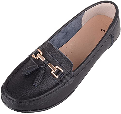 ABSOLUTE FOOTWEAR Womens Slip On Casual Leather Loafer/Deck/Boat Shoes/Sandals - Black - UK 5