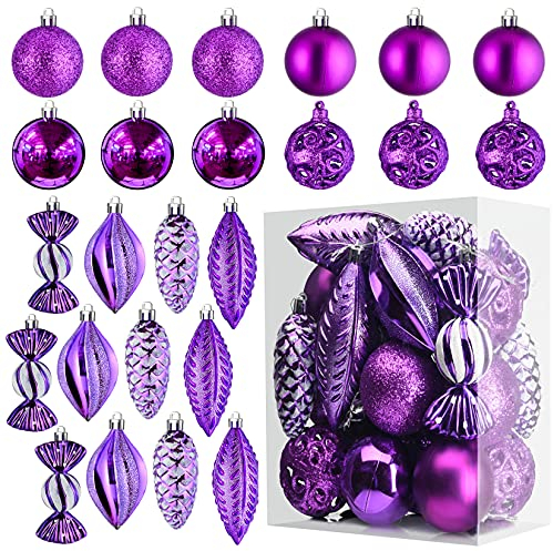 Prextex Purple 24-Piece Shatterproof Christmas Ball Ornaments The Perfect Glitter Balls, Christmas Tree Baubles Christmas Decorations, Exquisite Xmas Combo of 8 Christmas Balls and Shape Styles