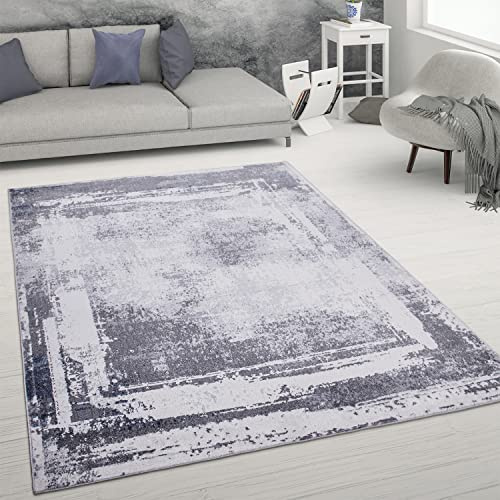 Paco Home Teppich Wohnzimmer Kurzflor Abstrakter Used-Look Vintage Stil Modern, Grösse:160x220 cm, Farbe:Grau 2