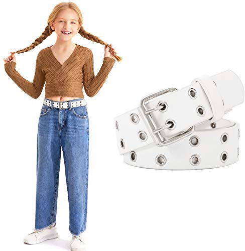 WERFORU Mädchen Gürtel Kinder PU-Leder Taillengürtel für Jeanshosen Doppelter Ösengürtel, Weiß