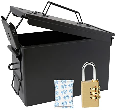 Aolamegs 50 Cal Metal Ammo Can Lock Kit-Lockable Ammunition Boxes With Welded Locking&Padlock Kit 50 Caliber Army Military Storage Containers M2A1 Large Waterproof Air Tight Locking Ammo Box Storage
