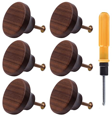 NAKUPENDA Boutons de Meuble Ronds en Bois 6Pcs - Poignées pour Tiroirs, Armoires, Commodes (Noyer Noir)