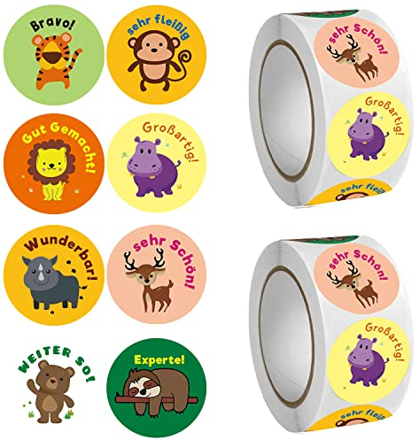 Motivationsaufkleber für Kinder, 1000 Stück Selbstklebende Tier Belohnungsaufkleber Lehrer Belohnungssticker Belohnung Aufkleber mit Süßer Tiere Lob Belobigung Sticker für Schule Klassenzimmer Runden