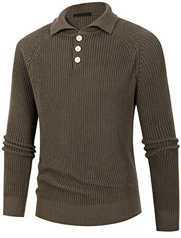 BREEWO Knit Sweater Herren Mode Polo Kragen Taschen-Dekoration Einfarbig Pullover Herren Basic Slim Fit Stretch Komfortabel Langarm Pulli Herren Casual All-Match Strickwaren Herren D-Light Brown 3XL
