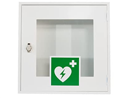 Universal AED-Metallschrank (leer) 40 x 40 x 20 cm mit Sichtfenster für Defibrillator, mit Alarm, Türschloss ist mit Vorhängeschloss abschließbar oder verplombbar für den Innenbereich