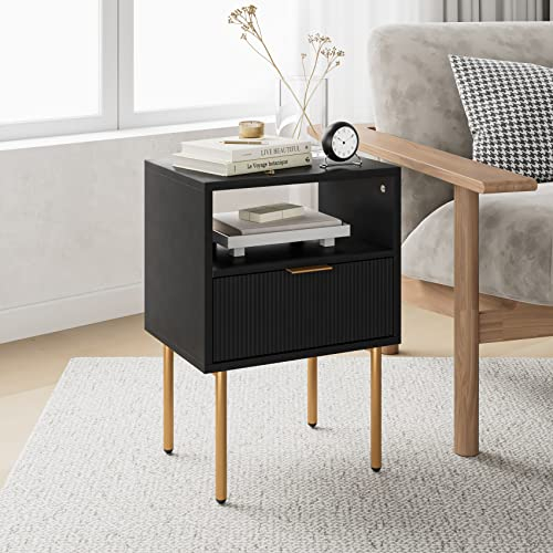 Masupu Nachttisch, moderner Nachttisch aus der Mitte des Jahrhunderts mit Schublade und offenem Holzregal, kleiner goldfarbener Rahmen, Beistelltisch für Schlafzimmer, Wohnzimmer, Schwarz