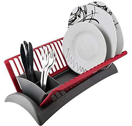 Invero Compact Space Saving Simple Dish Drainer Kitchen Sink Washing Draining Rack with Fast Design Drip Tray, Adjustable Cutlery Section and BPA Free - (45.5 x 25 x 14cm)