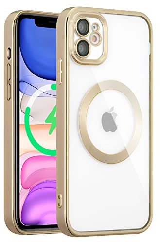 QLTYPRI Magnetic Clear Case for iPhone 11 Compatible with MagSafe Wireless Charging, Electroplated Edge Soft Slim Transparent TPU Bumper Shockproof Phone Case Cover for iPhone 11 6.1 inch – Gold