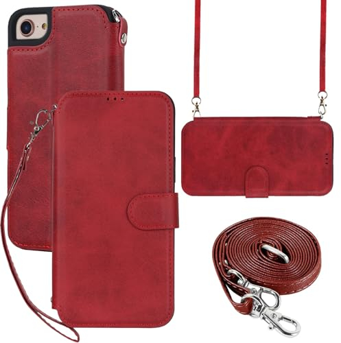 ELTEKER Hülle für iPhone 7/8/SE2/SE3 Klapphülle,Handyhülle iPhone 7/8/SE2/SE3 mit Umhängeband und Kartenfach mit Ständer,Perfekt Schutz Tasche Lederhülle,Rot