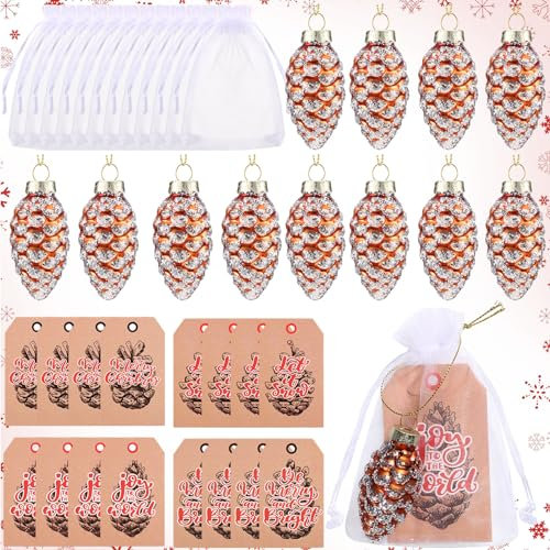 Shappy 12 Sets Weihnachts-Tannenzapfen Glasornamente Glitzer Tannenzapfen Weihnachtsbaum hängende Ornamente Geschenke mit Etiketten und Organza-Beuteln für Herbst Thanksgiving Weihnachten DIY Handwerk