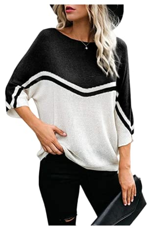 HEYPORK Damen Winter Warm Bequem Pullover Casual Mode Strickjacke Strickpullover Frauen Frühling Sommer Gestrickt Batwing Pullover Lose Patchwork Pullover Unten Shirt(Schwarz, XL)
