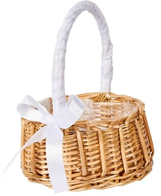 ADEPTNA Wicker Rattan Flower Basket with Handle - Wedding Flower Girl Handmade with Bow - Woven Eggs Candy Basket for Wedding Party Easter Christmas Home Decoration (MEDIUM - 16cm diameter)