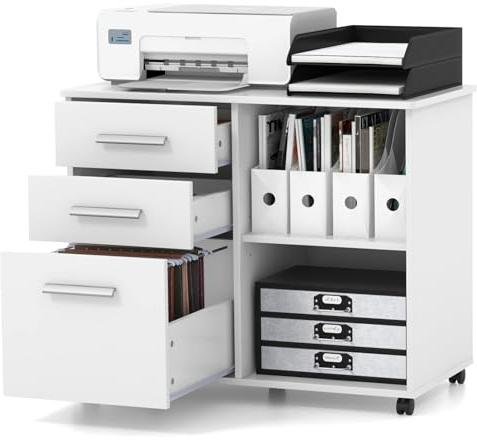 CASART Mobile File Cabinet, 3-Drawer Lateral Filing Cabinet with Wheels & Open Shelves, Mobile Document Storage Unit Printer Stand for Home Office (White)